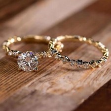 2Ct Round Cut Simulated Diamond Wedding Bridal Set Ring 14K Yellow Gold Finish