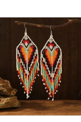 Tribal Earrings Native Large Boho American Seed Beads Handmade Earring