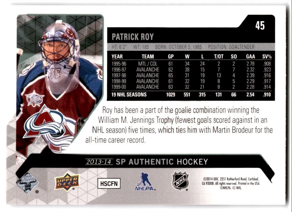 2013-14 SP Authentic Patrick Roy #45 Montreal Canadiens - Image 2 of 2