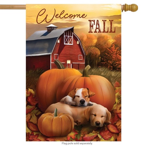 Bienvenido otoño casa cachorros bandera granja de calabazas 28"" x 40"" carril de madera de brezo - Imagen 1 de 4