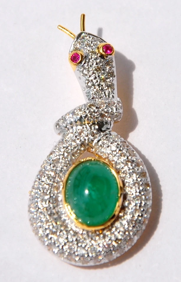 18KT AAA 7CT EMERALD 2.8CT DIAMOND SNAKE BROOCH COLLAR COLLIER HALSKETTE ネックレス - Image 3 of 4