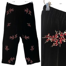 VTG Bloomingdales Black Velvet Red Floral Embroidered Wide Leg Pull on Pant L