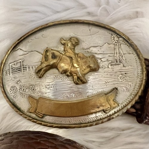 Vintage Tony Lama Belt Buckle German Silver Snake Stamp Print Brown Sz 35-36