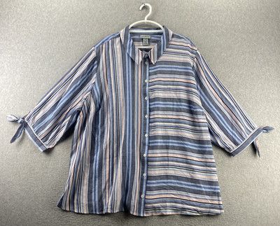 Catherines 4X Blue Striped Button Up Blouse 3/4 Sleeve Collar Rayon Plus Top