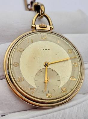 1947 Cyma Pocket Watch 15J Swiss Lever Gold Case Chain