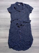 Teddi Rose Dress Womens Medium Navy Button Down Belted Tencel Pockets