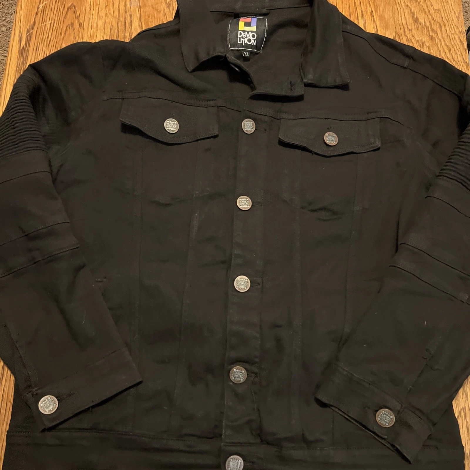 DEMOLITION Men's Distressed Black Denim Jacket Biker Size XL