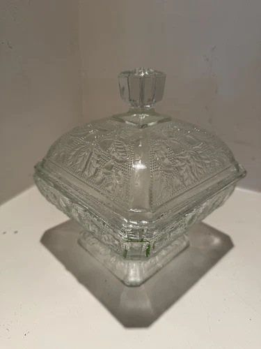 Jeannette Acorn Oak Leaf Clear Depression Glass Footed Candy Dish Bowl Compote