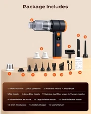 Portable Car Vacuum 30000PA Suction – Cordless, 10 Nozzles, Black/Orange