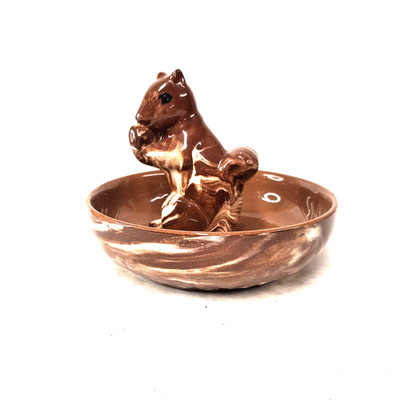 Juanita Ware Squirrel Nut Dish Figural Bowl Brown Pottery Woodland Vintage USA