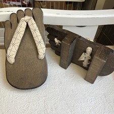 Vintage Japanese Wood Geta Geisha Kimono Sandals - Foot Shaped 9.25" Long