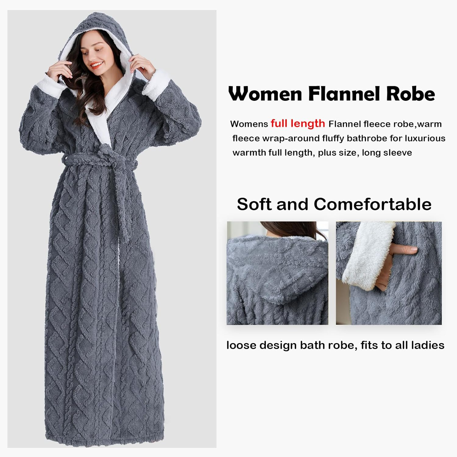 Womens Long Fleece Robe Floor Length Flannel Hooded Bathrobe, Plush
