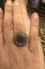Vintage Bronze Flower Filigree W/ Black Druzy Cabochon adjustable band fits all