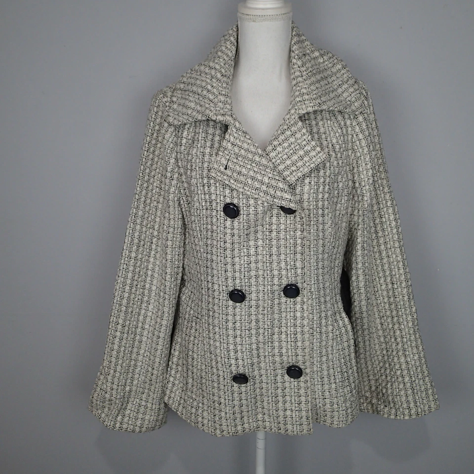 Abrigo Chaqueta WHBM TALLA L Blanco Negro Tweed Cinturón Seda Lana Bl  Foto 4 de 4