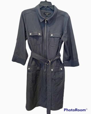 Sharagano Dress Womens 12 Navy Blue Stretch Belted Pockets NWOT | eBay