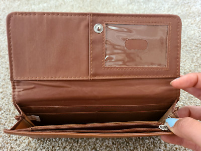 Brown Faux Leather Long Wallet with Zipper Pocket