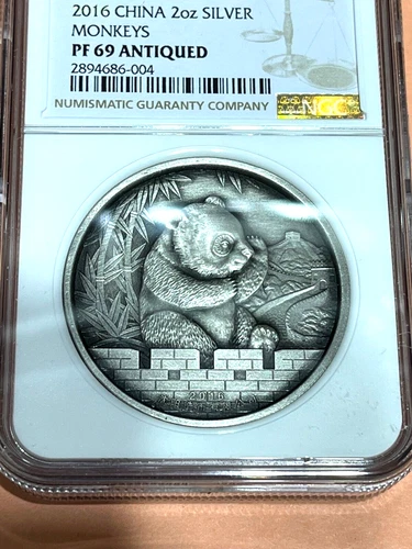 CHINA  Silver 2016 PANDA/LUNAR MONKEYS  2OZ NGC PF69 ANTIQUED  99 Minted