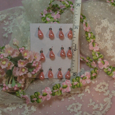 TWO vintage TINY rose pink drops as ear-rings pendant buttons for antique dolls