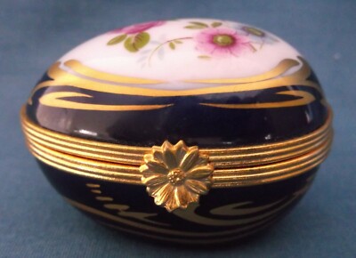LIMOGES FRANKREICH PORZELLAN OSTEREI KOBALTBLAU GOLD FLORAL AUFKLAPPBAR SCHMUCKKÄSTCHEN