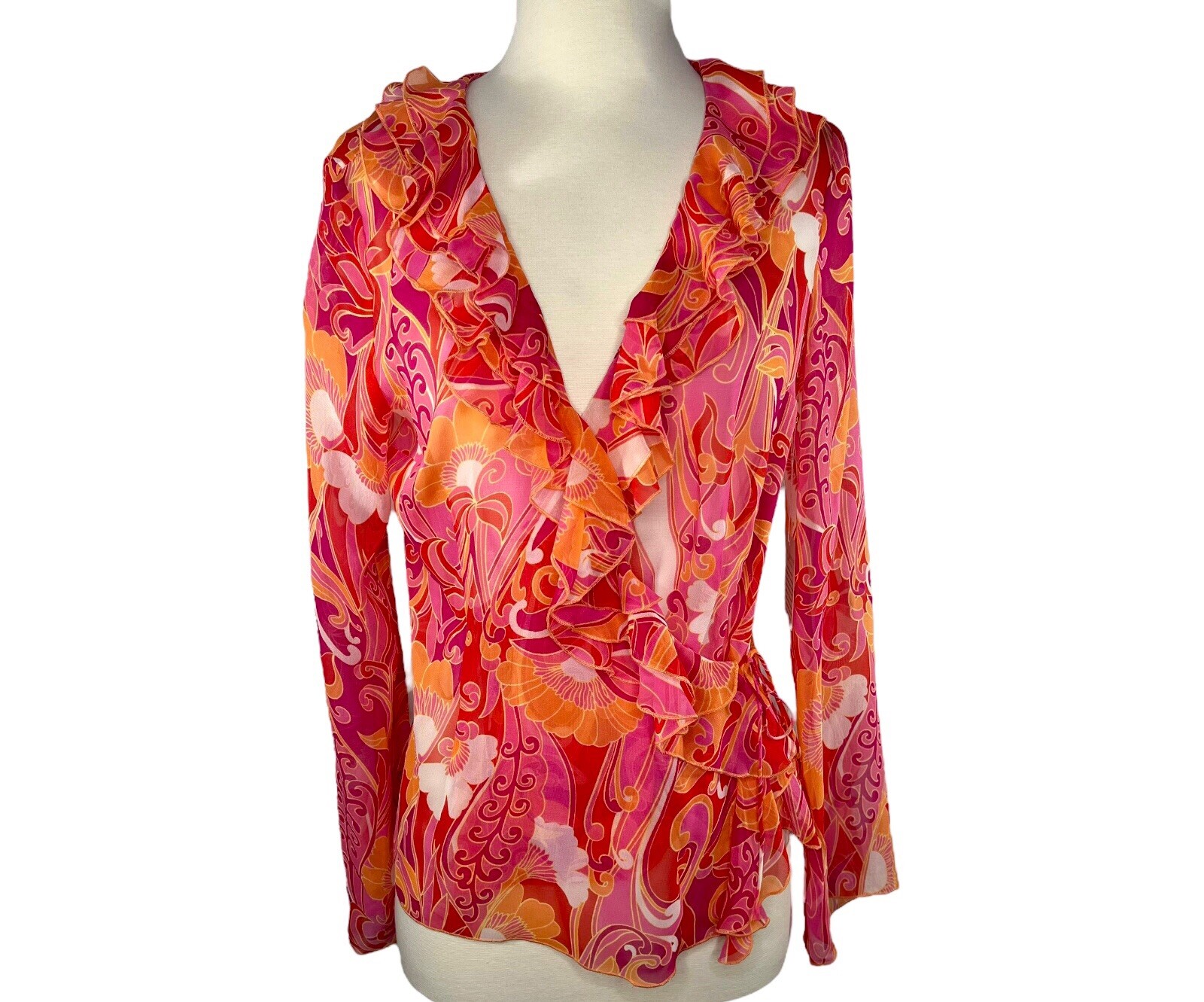 Moda International Women’s Silk Sheer Wrap Blouse Floral Abstract Size