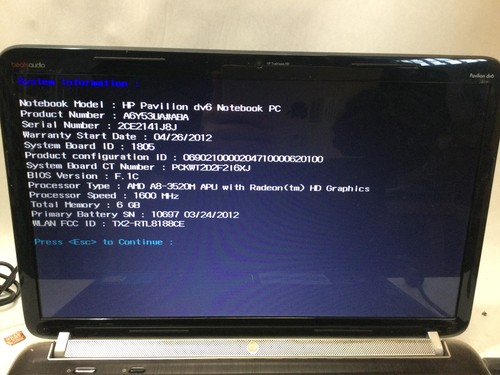 HP PAVILION DV6 - BOOTS TO BIOS - AMD A8 - 6GB RAM - READ DESCRIPTION - BB - Picture 2 of 7