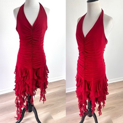BCBG Maxazria Dress L Womans Red Silk Chiffon Fairy Whimsigoth Fairycore Vtg Y2K