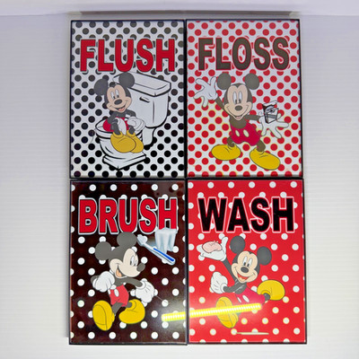 Mickey Mouse Bathroom Framed Art Floss Brush Wash Flush 7'' X 5'' Lot Of 4
