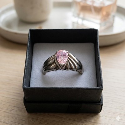 Sterling Silver Ring 925 Pink Ice CZ Pear Solitaire Vintage Size 8.5 Statement