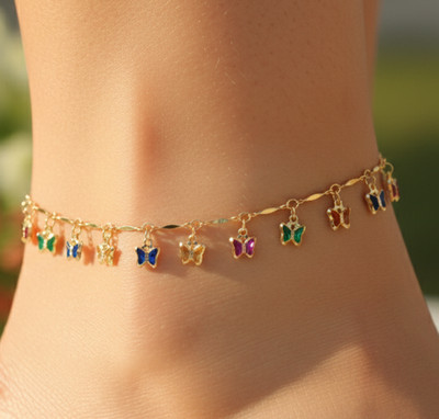 18K Gold Plated Butterfly Charm Anklet for Women Multi Color Enamel Emerald Ruby