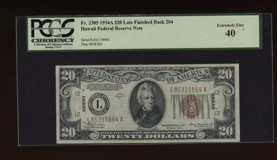 DBR 1934-A $20 FRN Hawaii late-finished back Fr. 2305 PCGS 40 Serial L86315864A - Image 1 of 2