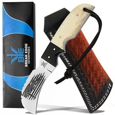 BE BREAK EDGE Handmade Stainless Steel Lineman’s Hawkbill knife with Leather