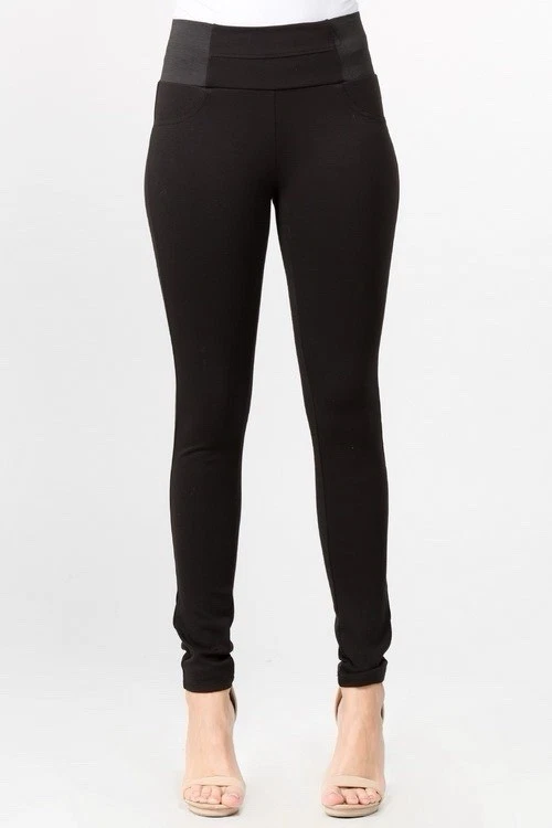 Women High Elastic waist Ponte Black Leggings Pants stretch Ci Sono S,M,L PP412 - Image 2 of 4