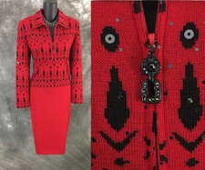 BEAUTIFUL st john evening knit red Black rhinestone embellished skirt suit 2 4