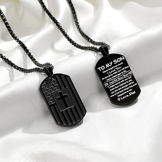 To My Son Gifts from Dad Father Dog Tag Cross Necklace America Flag Pendant