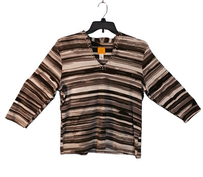 Ruby Rd Women's Large Embellished Gray Striped 3/4 Sleeve Cotton Top EUC