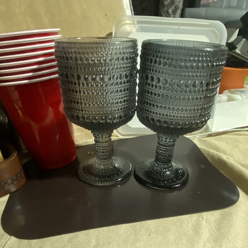 Set of 2 Smoke Gray Textured Dotted Glass Goblets, Vintage/Retro