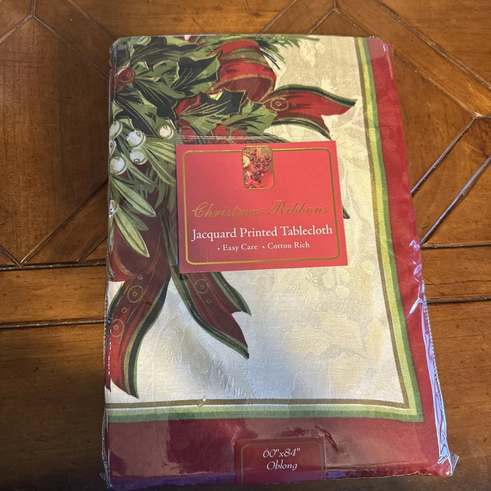 Christmas Ribbons Engineered Printed Fabric Table Cloth, Winter, Holiday 60”x84 - Image 2 of 4