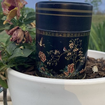 Justins Asian Style Round Black Tin with Birds and Floral Design, With Lid