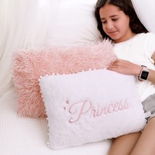 Perfectto Design Set of 2 White Pink Fluffy Faux Fur Decorative Pillows Kids