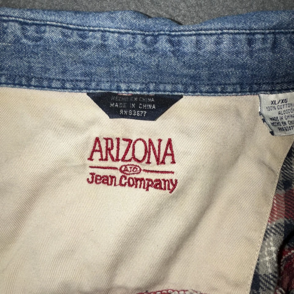Camisa Arizona Jean Company Para Hombres XL Franela a Cuadros Cuello Denim Abotonada De Colección Foto 2 de 4