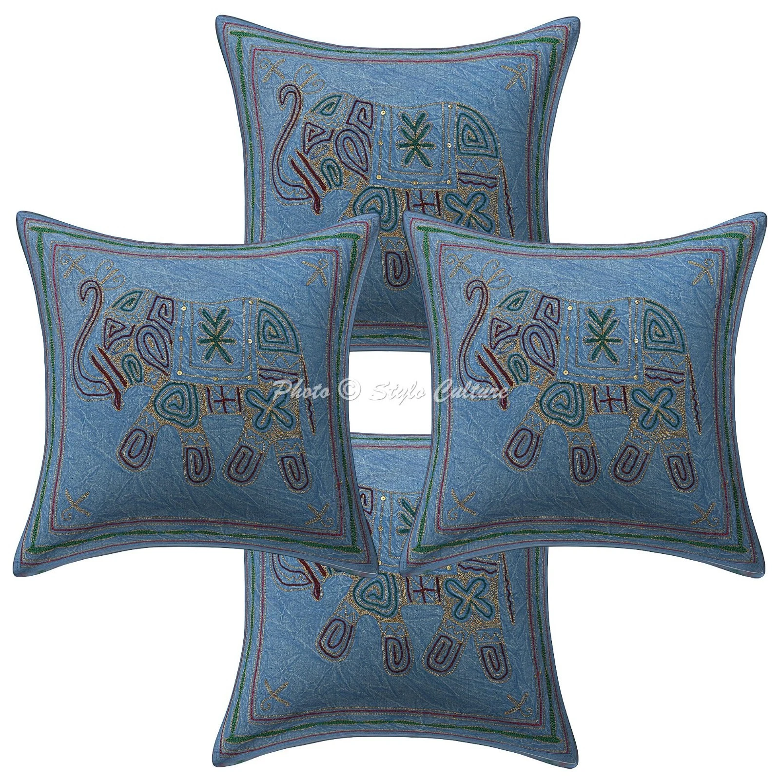 Decorative Cotton Throw Pillow Covers Zari Embroidered Blue Elephant Home Decor