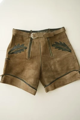 Kurze 60/70er Lederhose Doppelzip Gürtel Eichenlaub Taschen verspeckt grau Gr.46 - Bild 1 von 4