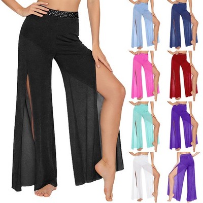 Women's Rhinestone Lyrical Pants Sheer Mesh Split Wide Leg Pants Ballet Dance