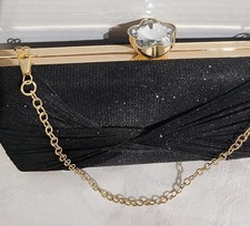 NEW Black Evening Bag, Rhinestone Flower Lock, Gold Shoulder Chain, Sparkly LOOK