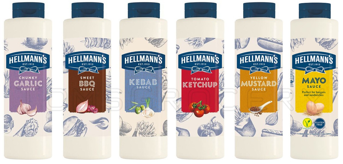 HELLMANNS Salsas Parrilla Ketchup Mayo Mostaza Kebab Barbacoa Salsa de Ajo Botellas Grandes