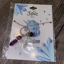 Justice fearless faux crystal glitter unicorn heart charm gold tone necklace nwt