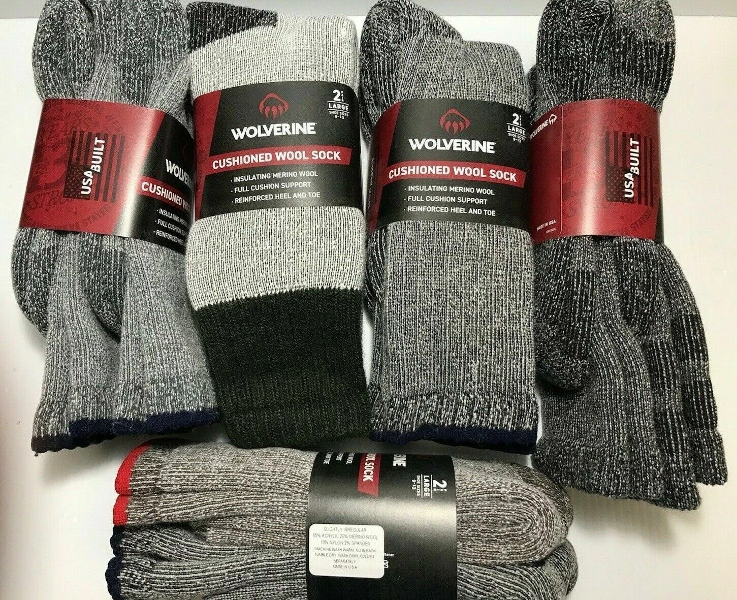 Wolverine Merino Wool Blend Cushioned Boot Sock, Large, 4 pairs, Free Shipping