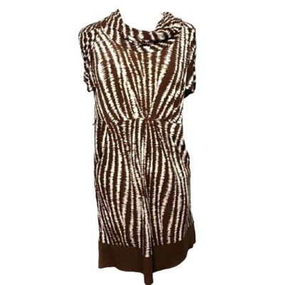BCBG Paris Dress XS Brown Abstract Cowl Neck Short Sleeve Stretch Knee Length