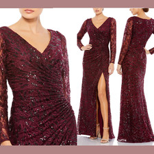 NWT $698 Mac Duggal [ 6 ] Long Sleeve Ruched Sequined V Neck Gown Garnet #Q513