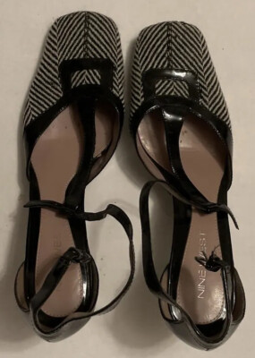 Nine West Herringbone And Napa Leather Mary Jane Heels Womens Size 8.5
